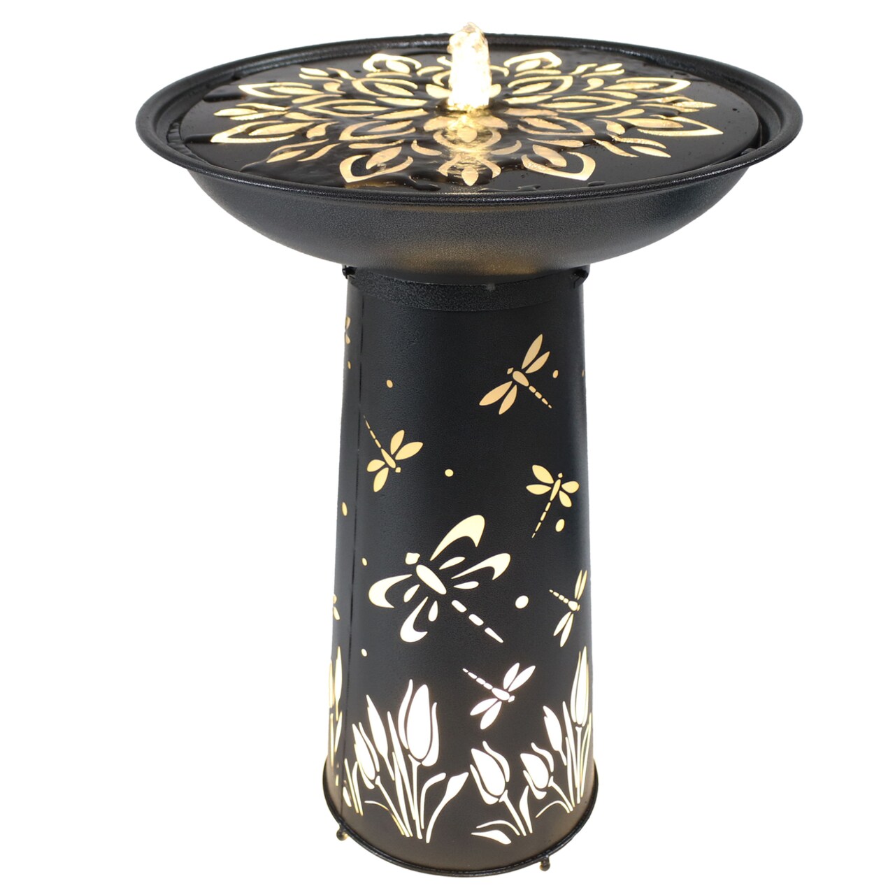 Sunnydaze Dragonfly Delight Metal Bird Bath Water Fountain with LED Lights